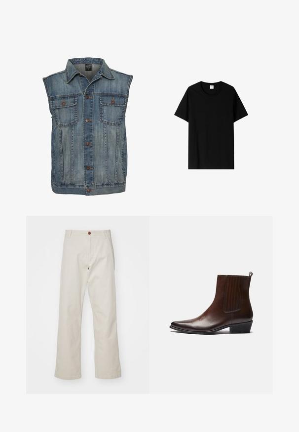 Jeansweste in verblasstem Blau mit ärmellosem Design. Verfügt über zwei Brusttaschen, Metallknöpfe und einen kragenlosen Halsausschnitt. Strukturiertes Gewebe.; Schwarzes Baumwoll-T-Shirt mit kurzen Ärmeln, rundem Ausschnitt und schlichter Gestaltung. Keine Muster oder Akzente vorhanden.; Beige Baumwollhosen mit geradem Bein, ausgestattet mit einem Knopfverschluss vorne, Gürtelschlaufen und normalen Taschen. Glatte Textur.; Braune Leder-Ankle-Boots mit spitzer Spitze, elastischen Seitenteilen, strukturierten Details auf der Vorderseite und einem niedrigen, gestapelten Absatz.