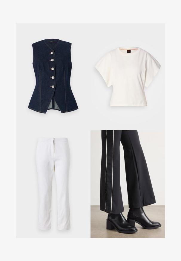 Denim jopica, temno modra, brezrokavna zasnova, z V-izrezom, ki ima pet velikih srebrnih gumbov, krojeno obliko in kontrastne šive.; Bela skrajšana majica s kratkimi širokimi rokavi, mehka bombažna tkanina, okrogla ovratnica z diskretnim oranžnim robom, minimalističen dizajn, brez vzorcev ali grafike.; Beli bombažne hlače s ravnim krojem, srednje visoko pasom, brez vidnih kovinskih elementov ali vzorcev. Gladka textura po vsej površini.; Črne usnjene gležnjarje s blok peto, z elastičnimi stranskimi paneli. Kombinirane s črnimi hlačami, ki imajo bele stranske črte.