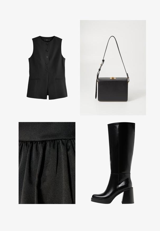 Next TAILORED TALL - REGULAR FIT - Weste - black; Schwarzes Langarmshirt aus glattem Stoff, mit spitzem Kragen, vorderem Knopfverschluss und einem gekürzten Saum mit seitlichen Schlitzen.; Schwarzer Stoff mit subtiler Glanz, der eine geraffte Textur und fließende Falten aufweist. Glatte Oberfläche mit schimmernden Akzenten.; Schwarze knöchelhohe Stiefel aus glänzendem Material, mit einem klobigen Blockabsatz und einer runden Zehenpartie. Nahtdetails verlaufen entlang der Außenseite.; Schwarze Lederhandtasche mit rechteckiger Form, goldenen Beschlägen und einem dünnen, verstellbaren Tragegurt. Glatte Textur mit sicherem Verschluss.