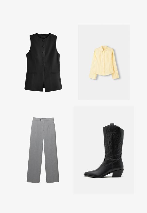 Next TAILORED TALL - REGULAR FIT - Bodywarmer - black; Geel gestreept overhemd met lange mouwen, puntige kraag en knoopsluiting aan de voorkant. Beschikt over verticale blauwe strepen en een getailleerde pasvorm.; Grijze op maat gemaakte broek met een brede pijp, platte voorkant en subtiele textuur. Bevat een enkele knoopsluiting en strakke lijnen.; Zwarte leren cowboylaars met een spitse neus, gegraveerde draaiende patronen en een halfhoge hak. Voorzien van een trekhaak voor gemakkelijk aan- en uittrekken.