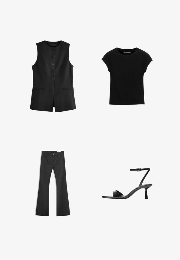 Next TAILORED TALL - REGULAR FIT - Väst - black; Svart kortärmad t-shirt i mjukt tyg med rund halsringning och avslappnad passform, med en jämn textur och utan mönster.; Svarta utsvängda jeans i denim med en jämn textur, med två bakfickor och knäppning vid midjan.; Bershka Sandaletter - black