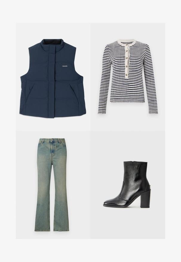 Marineblauwe, mouwloze gewatteerde vest met een hoge kraag, een rits aan de voorkant en twee zijzakken; heeft een wit "Holzweiler" logo.; Gestreepte vest in marineblauw en roomkleur, geribbelde ronde hals, sluiting met vijf knopen aan de voorkant, lange mouwen, gebreide textuur.; Lichtblauwe spijkerflared jeans met een hoge taille, vijf zakken en een rits. Schoon, vervaagd uiterlijk met subtiele stikdetails.; Zwarte leren enkelboot met een gladde textuur, spitse neus en een gedurfde hoge hak. Beschikt over een zijopening en een minimalistisch ontwerp.