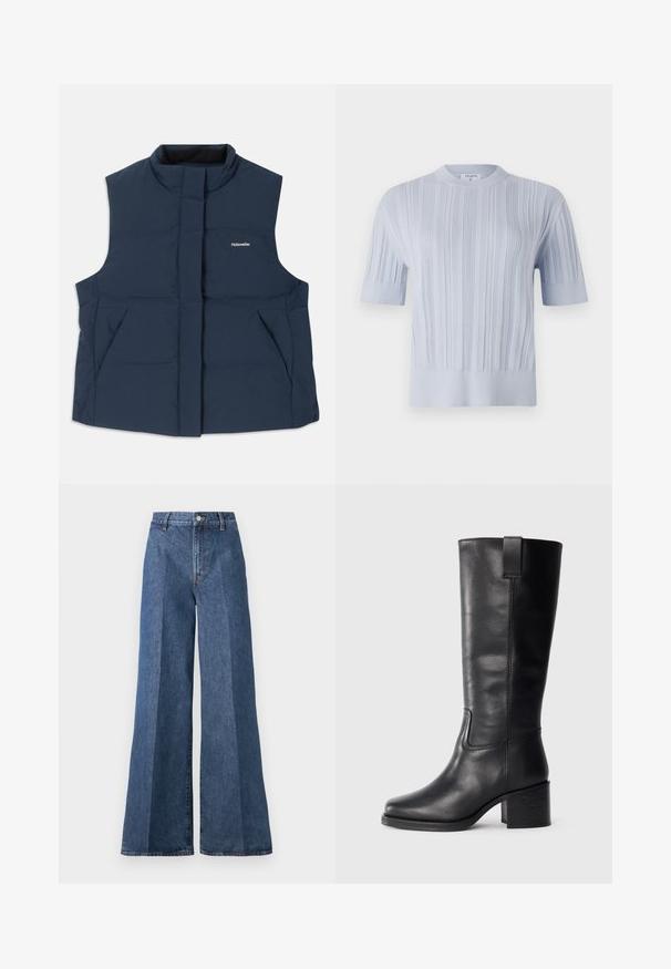 Navy blue, sleeveless padded vest with a high collar, front zip closure, and two side pockets; features a white "Holzweiler" logo.; Light blue short-sleeved knit top featuring vertical ribbed texture and a crew neckline. The fabric shows subtle detailing with a fitted hem.; Wide-leg blue denim jeans with a high waist, featuring classic five-pocket styling and a button closure, made from textured cotton fabric.; Black leather knee-high boots with a smooth texture, square toe, block heel, and side pull tab, featuring minimal stitching details.