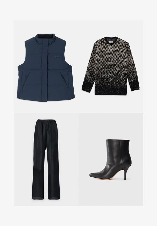Navy blue, sleeveless padded vest with a high collar, front zip closure, and two side pockets; features a white "Holzweiler" logo.; Knit sweater featuring a diamond pattern in beige and black, with a gradual color fade. Crew neckline and long sleeves. Soft texture.; Black, lightweight pants with a relaxed fit, featuring an elastic waistband and two front buttons. Smooth texture with a straight leg design.; Black leather ankle boot with pointed toe, slim stiletto heel, and smooth texture. Minimalist design with no visible hardware or accents.