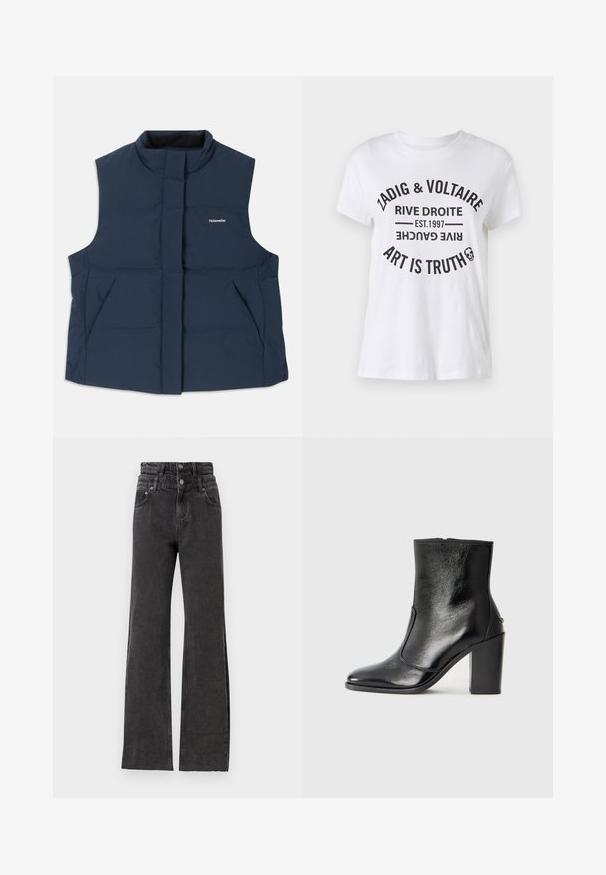 Navy blue, sleeveless padded vest with a high collar, front zip closure, and two side pockets; features a white "Holzweiler" logo.; White cotton t-shirt featuring bold black text with brand name, location, established date, and slogan in a circular layout. Round neckline.; Black high-waisted jeans feature a straight leg design, subtle distressed detailing, and metal button hardware at the waist.; Black leather ankle boot with a smooth texture, pointed toe, and a chunky high heel. Features a side opening and minimalistic design.