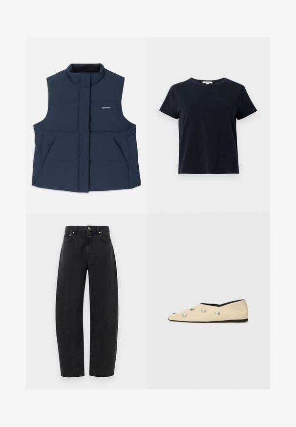 Vestă fără mâneci, căptușită, de culoare bleumarin, cu guler înalt, închidere frontala cu fermoar și două buzunare laterale; prezintă un logo alb "Holzweiler".; Cămașă scurtă cu mâneci din bumbac moale, de culoare albastru închis, cu un decolteu rotund și o croială lejeră. Fără modele sau accente vizibile.; Jeansi negri din denim cu un design drept, cinci buzunare și accente din cupru. Țesătura are o textură netedă și o cusătură clasică.; CLOSED Balerini - ecru