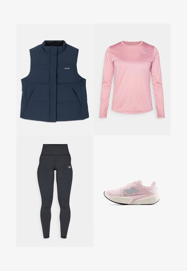 Gilet matelassé sans manches bleu marine avec un col haut, fermeture éclair sur le devant et deux poches latérales ; arbore un logo blanc "Holzweiler".; New Balance SPORT ESSENTIALS LONG SLEEVE - T-shirt à manches longues - pink taffy; Leggings de sport noirs taille haute avec un design ajusté, texture lisse et un petit logo blanc sur la hanche gauche.; Baskets de course rose clair avec une tige en mesh texturé, accents gris, semelle intermédiaire blanche épaisse et semelle extérieure noire flexible. Comprend un col et une languette rembourrés.