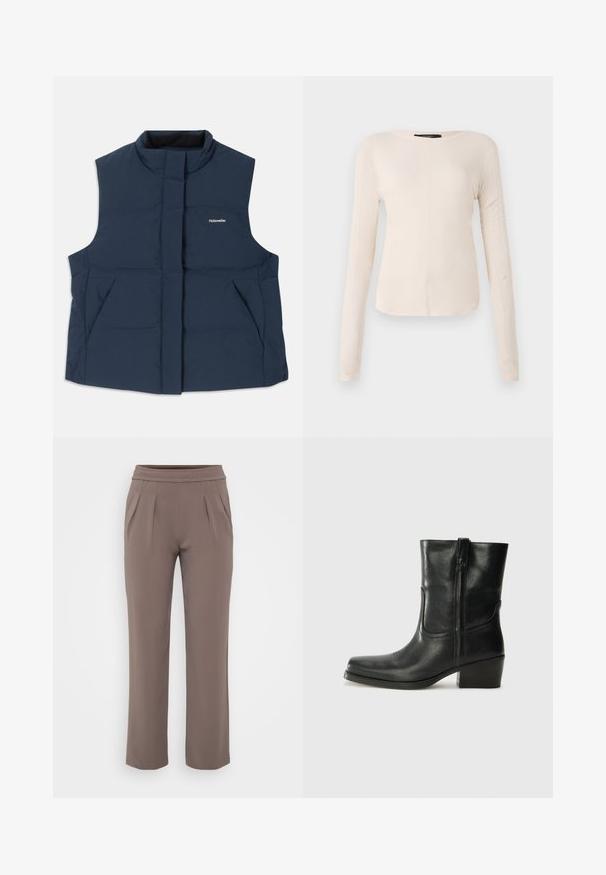Gilet matelassé sans manches bleu marine avec un col haut, fermeture éclair sur le devant et deux poches latérales ; arbore un logo blanc "Holzweiler".; Haut à manches longues, beige clair avec un col rond. Fait dans un tissu doux, il présente une couture centrale et un ourlet légèrement courbé. Pas de métal visible.; Pantalons amples taupe avec taille élastique et plis à l'avant, fabriqués en tissu lisse.; Bottine en cuir noir avec un bout rond, un talon carré, une fermeture éclair sur le côté et des coutures décoratives sur l'empeigne. Texture lisse, design classique.