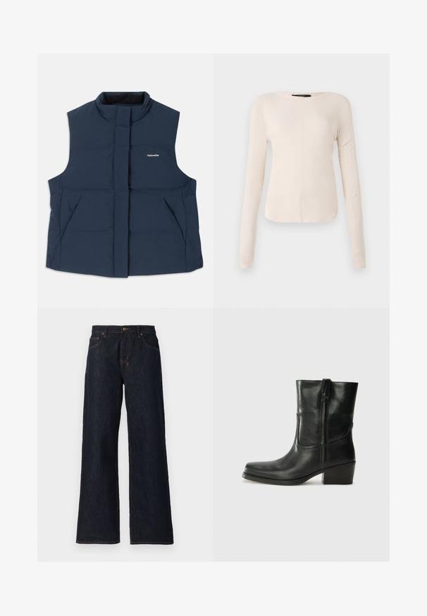 Námornícky modrá bezrukávová vypchávkovaná vesta s vysokým golierom, predným zapínaním na zips a dvomi bočnými vreckami; obsahuje biele logo "Holzweiler".; Dlhý rukáv, svetlo béžový top s okrúhlym výstrihom. Vyrobený z mäkkej látky, má stredový šev a mierne zakrivený spodný okraj. Bez viditeľného hardvéru.; Tmavomodré široké džínsy vyrobené z denimu, s oranžovým prešívaním, dvoma prednými vreckami a gombíkovým zapínaním v oblasti pásu.; Čierne kožené členkové topánky s okrúhlou špičkou, blokovým podpätkom, bočným zipsom a prešívaním na priehlavku. Hladká textúra, klasický dizajn.
