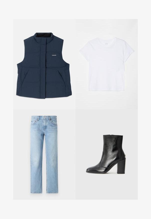 Chaleco acolchado sin mangas de color azul marino con alto cuello, cierre frontal con cremallera y dos bolsillos laterales; presenta un logo blanco de "Holzweiler".; FRAME BABY TEE - Camiseta básica - white; Jeans de denim azul claro con corte recto, cinco bolsillos, cierre de botón y cremallera, y un acabado ligeramente desgastado.; Botín negro de cuero con textura suave, puntera puntiaguda y un tacón alto y robusto. Presenta una apertura lateral y un diseño minimalista.
