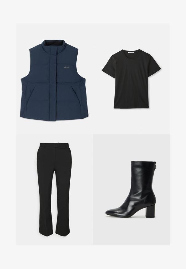 Marineblauwe, mouwloze gewatteerde vest met een hoge kraag, een rits aan de voorkant en twee zijzakken; heeft een wit "Holzweiler" logo.; Zwarte katoenen T-shirt met korte mouwen en ronde hals, plat gelegd op een witte achtergrond met zichtbaar merklabel binnenin de kraag.; Zwarte op maat gemaakte broeken met een recht gesneden ontwerp, voorzien van riemlussen en zijzakken. Gemaakt van een gladde stof met een nette afwerking.; Zwarte leren enkelboot met een spitse neus en een blokhak van 4 cm. Strak ontwerp met een zijrits voor gemakkelijke aan- en uittrekken. Soepele textuur.