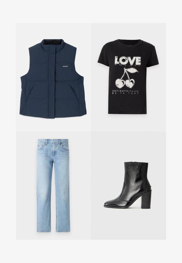 Dunkelblau, ärmellose gesteppte Weste mit hohem Kragen, Frontreißverschluss und zwei Seitentaschen; mit weißem "Holzweiler"-Logo.; Schwarzes Baumwoll-T-Shirt mit weißem Grafikdruck des Wortes "LOVE" und zwei Kirschen in Herzform sowie Markentext und Datum.; Helleblaue Jeans aus Denim mit geradem Schnitt, fünf Taschen, Knopf- und Reißverschluss sowie einem leicht ausgewaschenen Finish.; Schwarze Leder-Stiefelette mit glatter Textur, spitzem Fuß und klobigem hohen Absatz. Verfügt über eine seitliche Öffnung und ein minimalistisches Design.