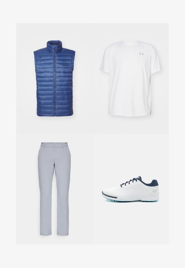 Mėlynas, paminkštintas, be rankovių liemenė su aukštu apykaklės ir priekiniais užtrauktukais. Yra horizontali siuvimo linija ir "Timberland" logotipas krūtinėje.; Balta trumpa rankovėmis sportinė marškinėliai, pagaminti iš lygaus audinio. Yra apvalus kaklas ir pilkas logotipas kairėje krūtinės pusėje, o apatinėje dalyje yra šoninės plyšiai.; Šviesiai pilkos kelnes su tiesiu kirpimu, mygtuko uždarymu, priekinėmis kišenėmis ir lygia, tekstūruota medžiaga. Minimalistinis dizainas, be raštų.; Balti sportiniai bateliai su lygiu sintetinės medžiagos paviršiumi, mėlynais akcentais, tekstūruotu tamsiai mėlynu kulnu ir lengvu, adatiniu padu geresniam sukibimui.