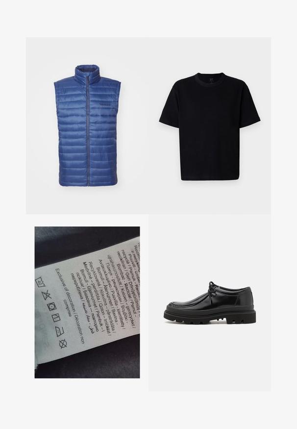 Blå, vadderad, ärmlös väst med hög krage och framdragkedja. Har horisontell sömnad och en Timberland-logotyp på bröstet.; Svart bomullströja med rundad halsringning, korta ärmar och rak skärning. Har minimal sömnad och en mjuk, slät yta.; Etikett med flerspråkig text, vårdsymboler och återvinningsikoner, tryckt på ett mjukt tygliknande material i ljus färg.; Svarta läderskor i derby-stil med en elegant design, rund tå och mönstrad gummisula med djupa spår för bra grepp.