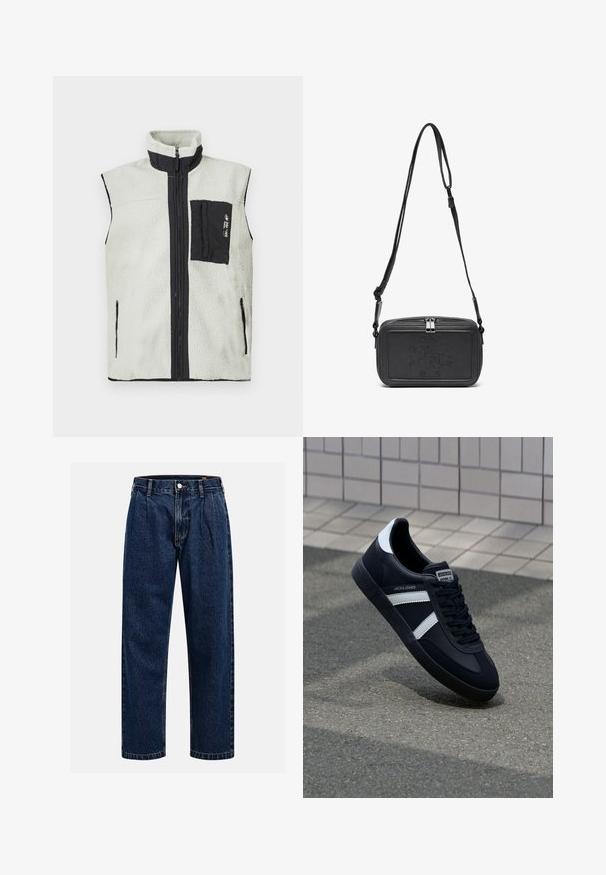 Ärmellose Fleece-Weste mit vollem Frontreißverschluss, schwarzem Brusttasche auf der linken Seite und schwarzem Rand um die Reißverschlüsse und den Kragen.; Cremfarbendes Baumwoll-T-Shirt mit kurzen Ärmeln und Rundhalsausschnitt. Verfügt über einen grafischen Druck in Blau und Rot mit Text und Motiv.; Dunkelblaue Denim-Jeans mit geradem Bein. Mit sichtbaren Nähten, einem Knopfverschluß und Frontfalten für zusätzliche Details.; Schwarze Leder-Sneaker mit weißen Streifen, strukturiertem Gummisohle und Schnürung. Verfügt über ein Markenetikett auf der Zunge.; Schwarze Leder-Crossbody-Tasche mit einem Reißverschluss, geprägtem Logo auf der Vorderseite und verstellbarem Riemen. Glatte Textur mit rechteckiger Form.