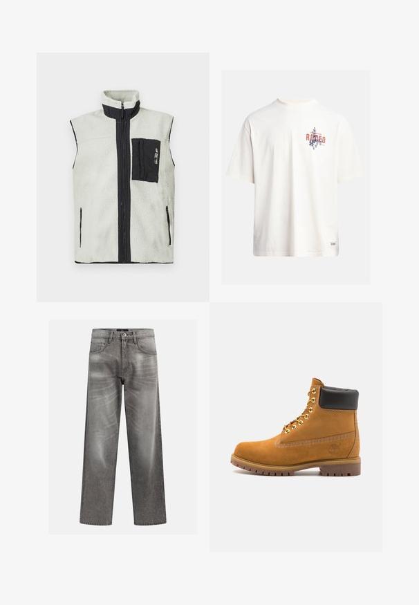 Bezrukávová fleecová vesta s plným zipsom vpredu, čierna náprsní vrecko na ľavej strane a čierny lem okolo zipsov a goliera.; Krémové bavlnené tričko s krátkymi rukávmi a okrúhlym výstrihom. Obsahuje grafický potlač v modrej a červenej farbe s textom a motívom.; Sivý denimové džínsy s voľným strihom, s detailmi v podobe blednutia a vyblednutej textúry, klasický dizajn s piatimi vreckami a zapínaním na gombík.; Tyrkysové semišové členkové topánky s čiernym polstrovaným golierom, zlatými kovovými očkami, bielym prešívaním a robustnou gumovou podrážkou s výraznými drážkami.