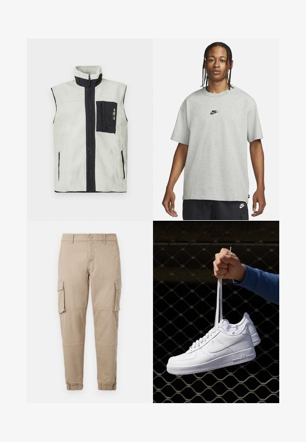 Bezrękawnik z polaru z pełnym zamkiem z przodu, czarna kieszeń na piersi po lewej stronie oraz czarne wykończenia przy zamkach i kołnierzu.; Młoda osoba z warkoczami, ubrana w jasnoszary t-shirt Nike i czarne spodenki Nike, na jednolitym białym tle.; Beżowe spodnie cargo z lekkiego materiału bawełnianego. Posiadają elastyczne mankiety, wiele bocznych kieszeni oraz zapięcie na guzik.; Białe skórzane sneakersy z perforacjami, okrągłym noskiem, płaską podeszwą i grubymi sznurówkami, z widocznym logo swoosh i napisem „AIR” na pięcie.