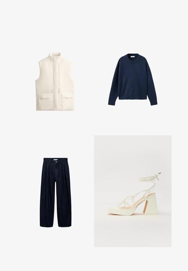 Valkoinen fleece-liivi, jossa on korkea kaulus, vetoketjukiinnitys ja kaksi suurta etutaskua, ominaisena pehmeä rakenne ja siisti, minimalistinen muotoilu.; Meriharmaa neulepaita, jossa on pyöreä kaula-aukko, pitkät hihat ja ribbireunukset hihansuissa ja helmassa. Pehmeä rakenne, rento malli, minimalistinen muotoilu.; Tummansinisiä leveälahkeisia housuja, joissa on laskoksia vyötäröllä, etupainike ja vyön lenkit. Sujuva rakenne ja täyspitkä muotoilu.; Valkoinen korkokenkä, jossa on paksu korko, ja joka sisältää nauhakiinnityksen ja nilkkaketjun. Sujuva pinta, jossa on platform-etupohja lisäkorkeutta varten.