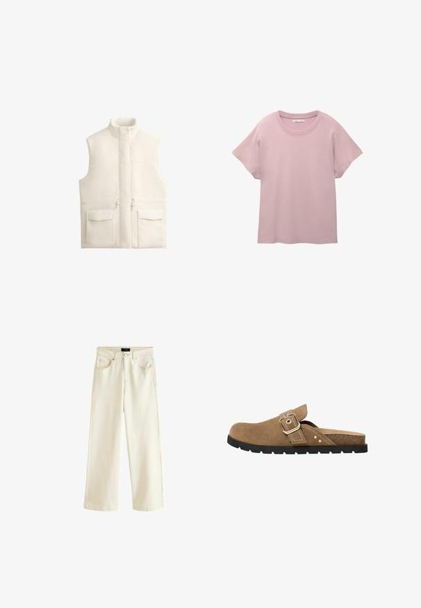 Weißer Fleece-Weste mit hohem Kragen, Reißverschluss und zwei großen Fronttaschen, die eine weiche Textur und ein sauberes, minimalistisches Design aufweist.; Helles rosa T-Shirt mit kurzen Ärmeln aus glattem Baumwollstoff. Es hat einen runden Ausschnitt und eine lässige Passform mit einem geraden Saum.; Helle beigen Jeans mit weitem Bein, ausgestattet mit einem Knopfverschluss, fünf Taschen und einer glatten Textur. Einfaches und modernes Design.; Braune Wildleder-Slidesandale mit abgerundetem Zehenbereich, verstellbarem Riemen mit Schnalle und strukturiertem Fußbett. Besitzt eine schwarze Gummisohle mit Rillen.