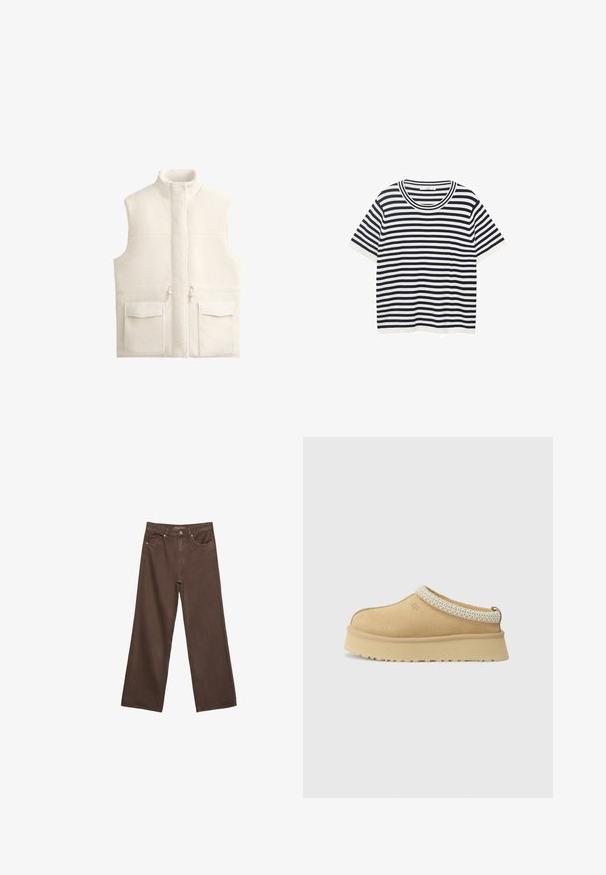 Weißer Fleece-Weste mit hohem Kragen, Reißverschluss und zwei großen Fronttaschen, die eine weiche Textur und ein sauberes, minimalistisches Design aufweist.; Gestreiftes T-Shirt aus Baumwolle mit marineblauen und weißen horizontalen Streifen, verfügt über einen runden Ausschnitt und kurze Ärmel. Glatte Textur.; Weite braune Jeans aus Denim, mit hoher Taille, Fronttaschen und klassischem Knopfverschluss. Glatte Textur mit feinen Nähten.; Beige Wildleder Slipper mit gepolstertem Kragen und strukturiertem hellblauen Akzent. Verfügt über eine dicke, strapazierfähige Außensohle mit gemusterter Profilierung.