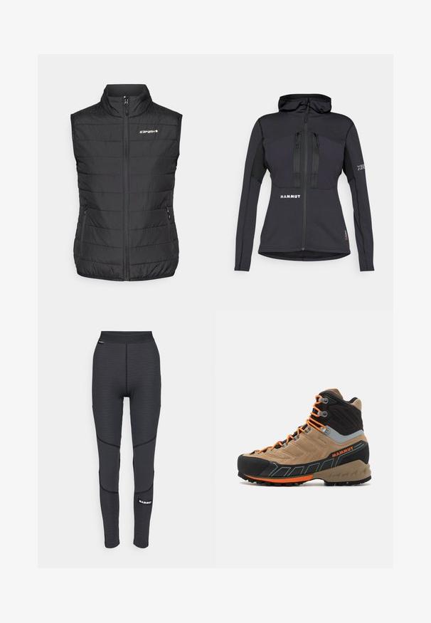 Mustat pufferta vestit, joissa on korkea kaulus, etuvetoketju ja kaksi sivutaskua. Materiaalina on tikattu pinta ja rinnassa "ICARPART"-logo.; Mustan urheilujakun, jossa on huppu, vetoketjulliset taskut ja teksturoitu paneeli hihoissa. Logo edessä ja hihassa. Materiaali on suunniteltu joustavaksi.; Mustaton hihaton paita, jossa on teksturoitu kuvio, pyöreä kaula-aukko ja "MAMMUT"-logo edessä. Valmistettu hengittävästä materiaalista.; Mustat urheilulegginsit, joissa on teksturoituja paneeleita ja vahvistettu ommel, varustettuna brändätyllä logolla ja leveällä, elastisella vyötärönaualla.; Beige ja mustad kõrged matkajalatsid oranžide paeltega, kummist varbakaitse, tekstureeritud pealmine osa ja robustne tald. Omab tugevdatud pahkluutoetust.