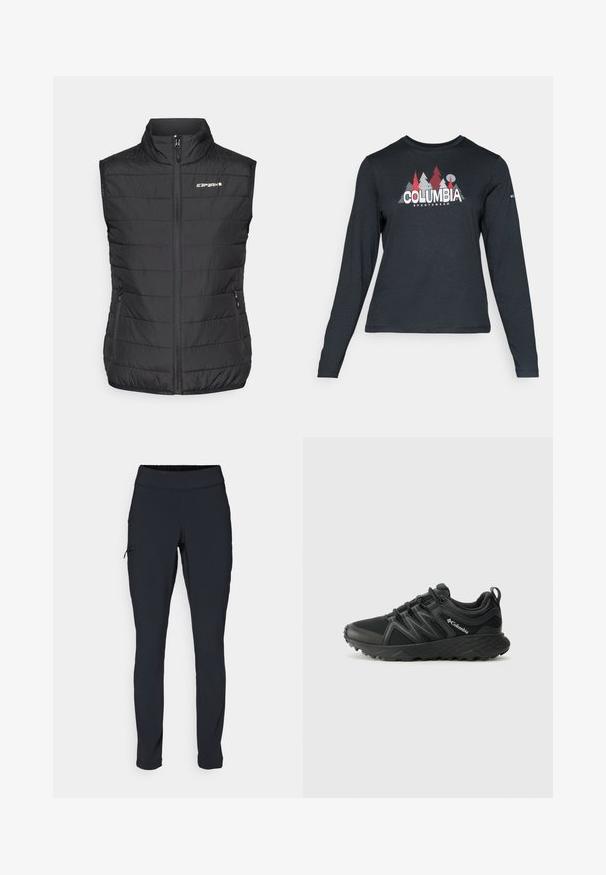 Črn napihnjen brezrokavnik z visokim ovratnikom, sprednjim zadrgo in dvema stranskima žepoma. Ima prešito teksturo in logotip "ICARPART" na prsih.; Majica z dolgimi rokavi temno siva z grafiko rdečih dreves in gora; logotip "COLUMBIA" v krepki beli barvi. Mehka tkanina, standarden krojen ovratnik.; Črne športne hlače s slim fit krojem, elastičnim pasom in stransko žepom z zadrgo. Gladek, raztegljiv material z minimalnimi šivi.; Columbia PEAKFREAK - Pohodniški čevlji - black