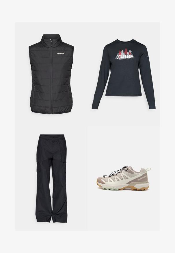 Čierna puff vest s vysokým golierom, predným zipsom a dvoma bočnými vreckami. Obsahuje prešívanú textúru a logo "ICARPART" na hrudi.; Dlhý rukáv, tmavošedá košeľa s grafikou červených stromov a hôr; logo "COLUMBIA" v tučnom bielom texte. Mäkká tkanina, štandardný okrúhly výstrih.; Columbia BREA FALLS™ COTTON RIPSTOP PANT - Outdoorové nohavice - black; Ľahká trailová obuv s béžovým a šedým sieťovaným zvrškom, čiernymi šnúrkami a flexibilnou gumovou podrážkou v odtieňoch pieskovej a mätovej zelenej. Diskrétne značenie.