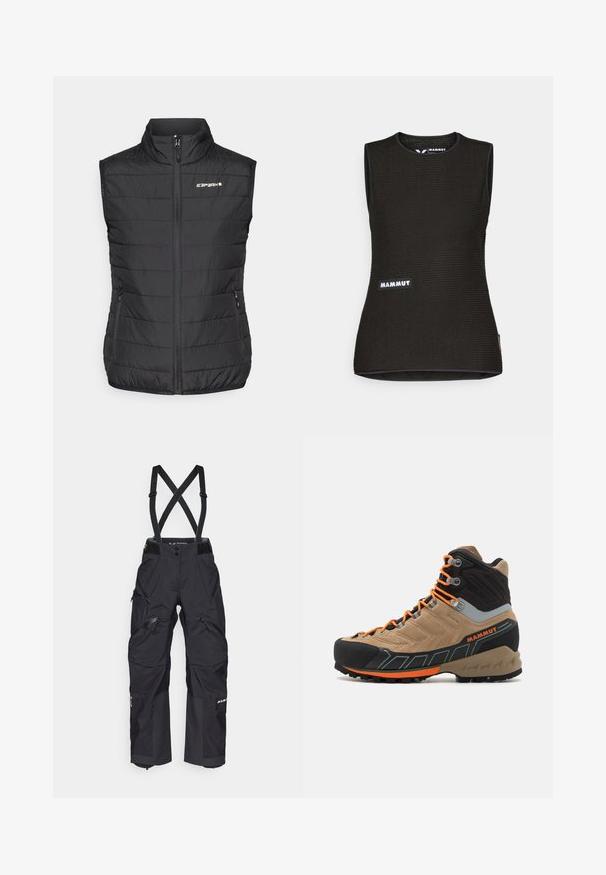Gilet rembourré noir avec un col haut, fermeture éclair à l'avant et deux poches latérales. Dispose d'une texture matelassée et d'un logo "ICARPART" sur la poitrine.; T-shirt sans manches noir avec un motif texturé, doté d'un col rond et d'un logo "MAMMUT" à l'avant. Fabriqué en matériau respirant.; Pantalons techniques noirs avec bretelles, dotés de plusieurs poches zippées, de genoux renforcés et d'un tissu durable et imperméable.; Botte de randonnée montante beige et noire avec des lacets orange, capuchon en caoutchouc sur le bout, tige texturée et semelle robuste. Présente un support de cheville renforcé.