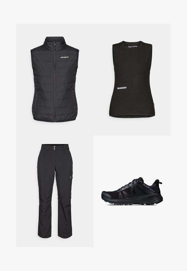 Schwarze Daunenweste mit hohem Kragen, Frontreißverschluss und zwei Seitentaschen. Verfügt über eine gesteppten Textur und ein "ICARPART"-Logo auf der Brust.; Schwarzes ärmelloses Shirt mit einem strukturierten Muster, runder Ausschnitt und einem "MAMMUT"-Logo auf der Vorderseite. Aus atmungsaktivem Material gefertigt.; Schwarze Outdoor-Hosen mit geradem Schnitt, Knopfverschluss, seitlichen Reißverschlusstaschen und einem Logo-Patch auf dem linken Oberschenkel.; Schwarzer Trailrunning-Schuh mit einem Obermaterial aus Mesh und Gummisohle. Mit strukturierten Überzügen, verstärkter Zehenkappe und Markenlogo an der Ferse.