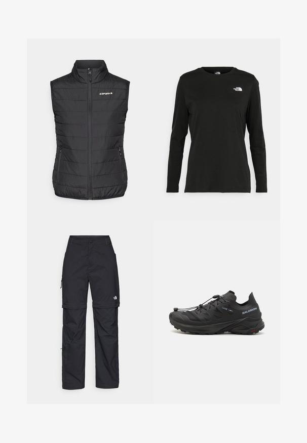 Sort puffervest med høj krave, frontlynlås og to sidelommer. Har quiltet tekstur og et "ICARPART"-logo på brystet.; Sort langærmet t-shirt lavet af bomuld med rund hals. Har et lille hvidt logo på venstre brystområde. Enkel design og pasform.; Sorte nylon cargo bukser med lynlås, justerbare manchetter, flere lommer og et logo på højre ben. Glat, let tekstur.; Sorte trail løbesko med en tekstureret overdel, mesh-paneler og et sikkert lukkesystem. Har en robust ydersål for godt greb.