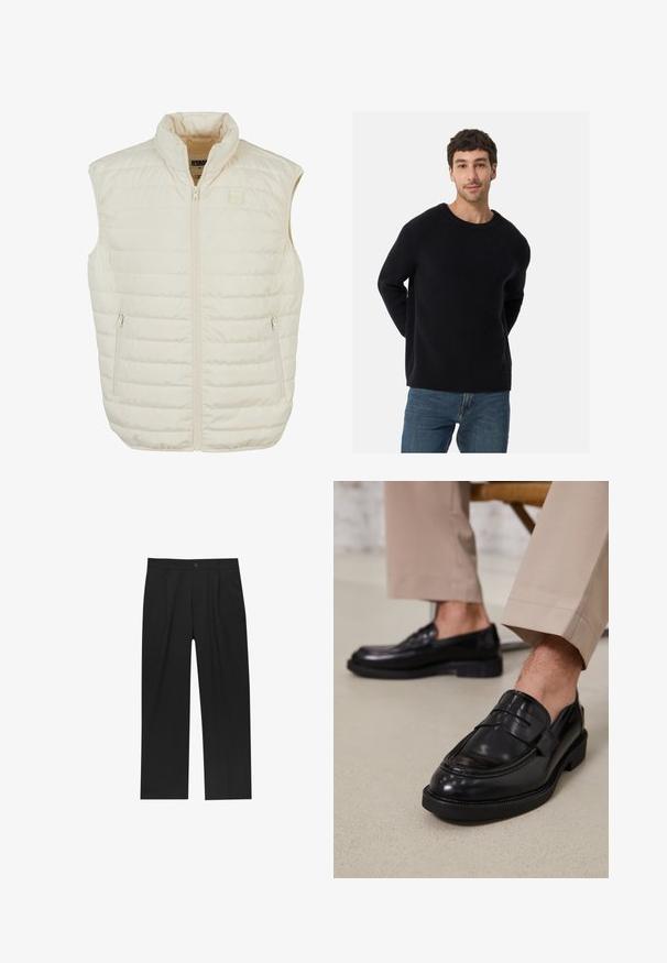 Weste in Off-White mit hohem Kragen, Reißverschluss vorne und zwei Seitentaschen. Verfügt über eine gesteppten Textur und dezente Markenkennzeichnung.; Schwarzer, gerippter Pullover mit Rundhalsausschnitt und lockerer Passform. Weiche Textur, lange Ärmel, kombiniert mit blauen Jeans.; Schwarze Hose mit geradem Schnitt, aus einem glatten Stoff gefertigt. Verfügt über Vorderfalten und einen einzelnen Knopfverschluss an der Taille.; Schwarze Lederloafers mit glatter Oberfläche, ausgestattet mit einem dekorativen Riemen und Kontrastnähten, kombiniert mit beigen Hosen.