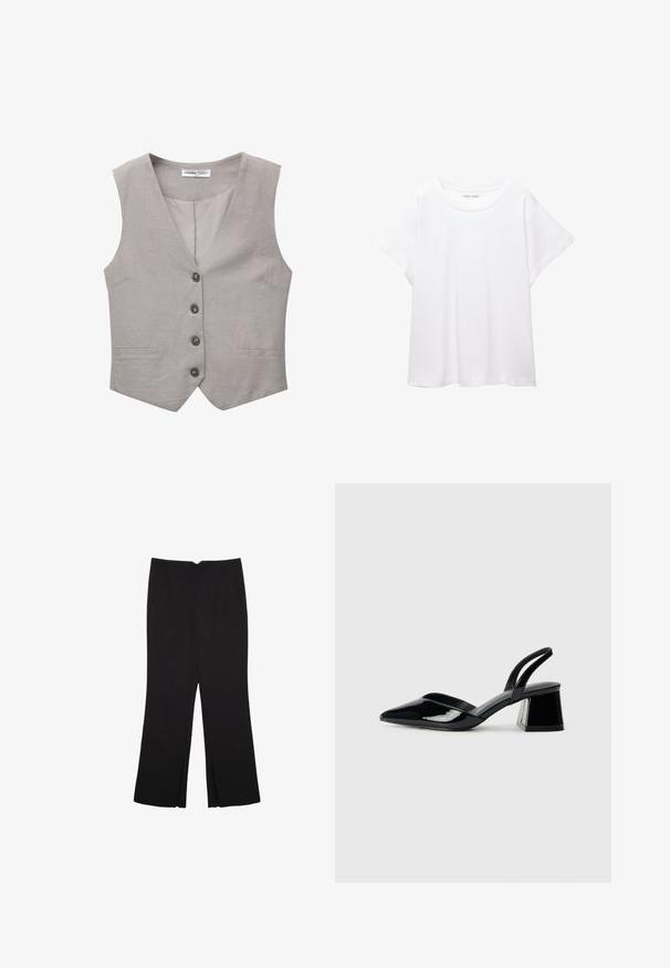 Graue Weste mit V-Ausschnitt, fünf Knöpfen auf der Vorderseite und zwei seitlichen Taschen. Hergestellt aus einem strukturierten Stoff. Das Futter ist einfarbig grau.; Weißes T-Shirt aus weichem, leichtem Stoff. Mit runder Halslinie und kurzen, weit geschnittenen Ärmeln für einen lässigen Sitz. Keine sichtbaren Muster.; Schwarze Hose mit geradem Schnitt, ausgestattet mit Fronttaschen und Seitenschlitzen am Saum. Hergestellt aus weichem, glattem Stoff. Geeignet für verschiedene Anlässe.; Schwarze Lackleder-Slingback-High Heels mit spitzem Schuh und einem geometrischen Blockabsatz. Verfügt über ein schlankes, minimalistisches Design und eine glatte Textur.