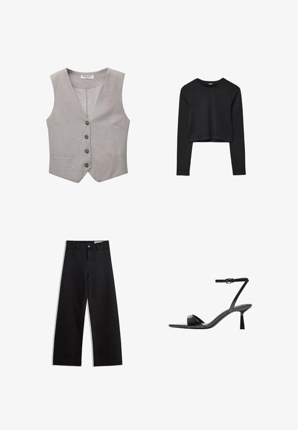Šedá vesta s výstřihem do V, pět tlačítek vpředu a dvě boční kapsy. Vyrobena z texturované tkaniny. Podšívka je v jednotné šedé barvě.; Černý dlouhý rukáv cropped top s kulatým výstřihem, jednoduchý design a mírně zaoblený lem.; Černé denimové kalhoty s volným střihem a vysokým pasem, vybavené předními a zadními kapsami, prošívanými švy a knoflíkovým zapínáním. Hladká textura.; Bershka Sandály na vysokém podpatku - black
