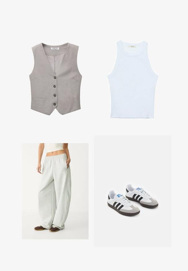 Harmaa liivi V-kaulusmuotoilulla, viisi nappia edessä ja kaksi sivutaskua. Valmistettu teksturoidusta kankaasta. Vuori on tasavärinen harmaa.; Valkoinen hihaton toppi, ribbed rakenne, pyöreä pääntie, hihaton malli, tiukka muoto, hillitty brändäys kauluksella sisäpuolella.; Vaaleat harmaat collegehousut, joissa on joustava vyötärö, sivutaskut ja löysä istuvuus. Valmistettu pehmeästä, tekstuurilla varustetusta kankaasta; sisältää hienovaraisia saumoja.; Urheilukengät, joissa on valkoinen nahkainen päällinen, harmaa mokkanokka ja kolme mustaa raitaa. Ominaisuuksina sininen logo kielekkeessä ja kuvioitu kumipohja.