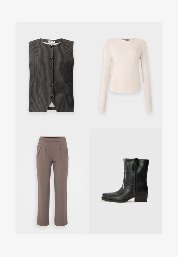 Beigė be rankovių tamsi liemenė su vertikaliomis juostelėmis, turinti penkis priekinės dalies mygtukus, apvalų iškirpimą ir sklandžią audinį su subtiliu blizgesiu.; Ilgesnių rankovių, šviesiai bežinis viršus su apvaliu iškirpimu. Pagamintas iš minkštos medžiagos, turi centrinę siūlę ir šiek tiek kreivą apatinių kraštų liniją. Matomų detalių nėra.; Smėlinės laisvo kirpimo kelnės su elastinga juosmens juostele ir priekine klostele, pagamintos iš lygaus audinio.; Juodi odiniai aulinukai iki kulkšnies su apvali nosimi, blokuotais kulnais, šonine užtrauktuku ir siuvimo akcentais ant viršutinės dalies. Lygi tekstūra, klasikinis dizainas.