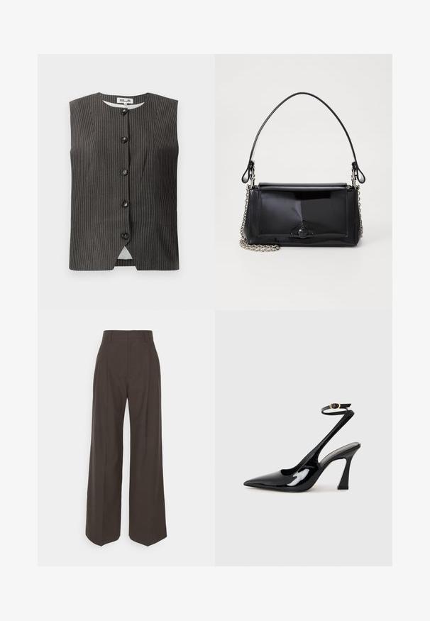 Suknja bez rukava tamne boje s vertikalnim prugama, koja ima pet prednjih dugmadi, zaobljeni dekolte i glatku tkaninu s suptilnim sjajem.; Krem majica s kratkim rukavima i okruglim izrezom, izrađena od mekanog materijala, s ravnim krojem i minimalnim detaljima.; Tamno smeđi hlače širokih nogavica s visokim strukom, s uredno peglanim naborima, glatkom teksturom i krojem koji dobro pristaje.; Crne lakirane slingback cipele s visokom potpeticom, u obliku špice, s podesivim remenom oko gležnja i umjerenom blok-potpeticom. Glatka tekstura s sjajnim završetkom.; Crna patentna kožna torba pravokutnog oblika, s lancem za nošenje i karakterističnim metalnim detaljem u središtu. Glatka tekstura.