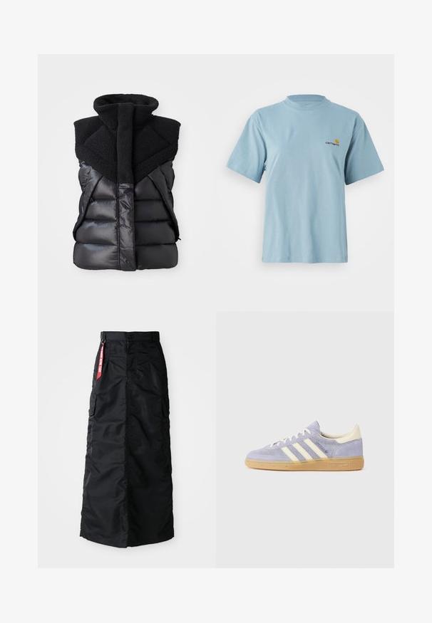 Colete puffer sem mangas preto com colarinho alto em fleece e fecho à frente, combinando painéis de tecido brilhante e texturizado.; T-shirt de algodão de manga curta azul claro com decote redondo e pequeno logótipo da Carhartt em amarelo e vermelho no lado esquerdo do peito.; Saia longa preta com botão frontal e zipper, bolsos cargo laterais, e uma etiqueta de tecido vermelha "Remover Antes do Voo" na cintura.; Sneaker de camurça roxa com três riscas brancas, sola de borracha goma e detalhes em creme no calcanhar e na língua. Design minimalista com detalhe do logótipo.