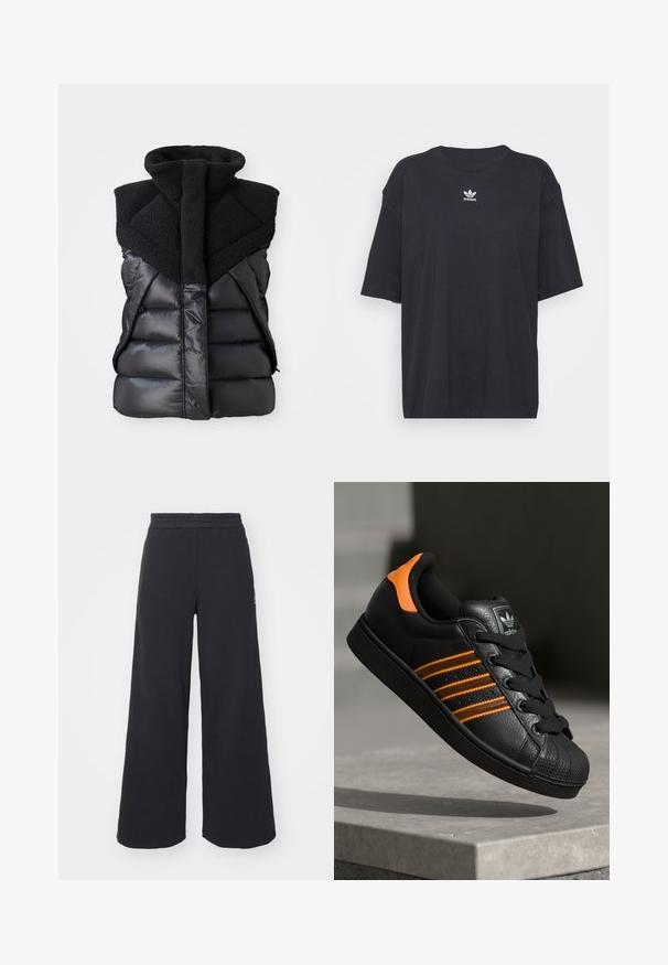 Colete puffer sem mangas preto com colarinho alto em fleece e fecho à frente, combinando painéis de tecido brilhante e texturizado.; T-shirt de algodão preto com mangas curtas, decote arredondado, apresenta um logótipo branco da Adidas no peito. Design simples, ajuste descontraído.; Calças de fato largas, pretas, feitas de tecido macio, com uma cintura elástica e um pequeno logótipo do lado esquerdo.; Sapatilha preta com detalhes laranja, três riscas horizontais, parte superior em couro texturizado, bico de borracha e atacadores pretos.