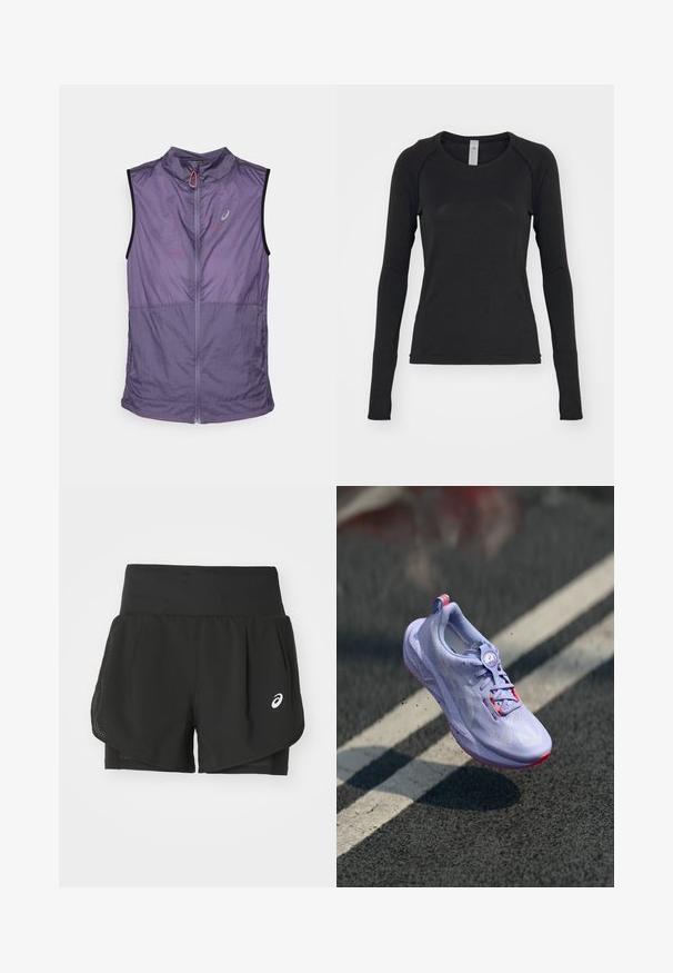 Letvægts, ærmeløs vest i en dæmpet lilla nuance. Har en høj krave, frontlynlås og kontrastfarvede sorte ærmhuller. Glat tekstur.; Langærmet skjorte i sort, lavet af blødt stof. Har rund hals og raglanærmer med tommelfingerhuller ved manchetterne. Minimalistisk design.; Sorte atletiske shorts med en åndbar mesh-overdel, indershorts med glat tekstur og et hvidt logo på venstre side.; Lys lilla løbesko med en tekstureret overdel, pink accenter, en rund snøringsmekanisme og en plettet sål, hævet over en belægning som baggrund.