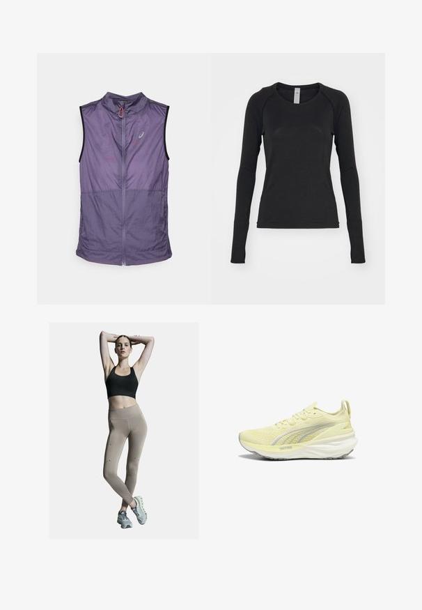 Kerge, ilma varrukateta vest tuhmist lillast tooni. Omab kõrget kaelust, ette tõmmatavat lukku ja kontrastseid musti käeauke. Sile tekstuur.; Pikkade varrukatega must särk, mis on valmistatud pehmest kangast. Omab ümmargust kaelust ja raglanvarrukaid, mille manšitšates on pöidlahakid. Минималистlik disain.; Must mustriga ja beež kõrge vöökohtadega retuusid, millel on külgseamed ja aktsendid. Mudel kannab heledat halli spordijalatsit, millel on pehme tallatoe.; Heled kollane spordijalanõud tekstureeritud pealmise osaga, hallide aktsentidega ja pehme tallaga. Omab nöörimise kujundust ja tõmbeauku kontsas.