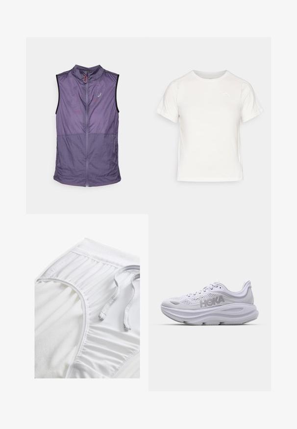 Lett, ermeløs vest i en dempet lilla nyanse. Har høy krage, frontglidelås og kontrastfargede svarte armhull. Glatt tekstur.; Lett, hvit T-skjorte med korte ermer, rund hals, og en liten logo i øvre venstre hjørne. Glatt stoff med en subtil glans.; Hvite treningse shorts med strukturert midjebånd, samlede side detaljer og flat snøring. Myk stoff med glatt overflate.; Hvite joggesko med mesh-overdel, polstret krage og bred såle. Har preget logo på siden og teksturert detaljering på sålen.