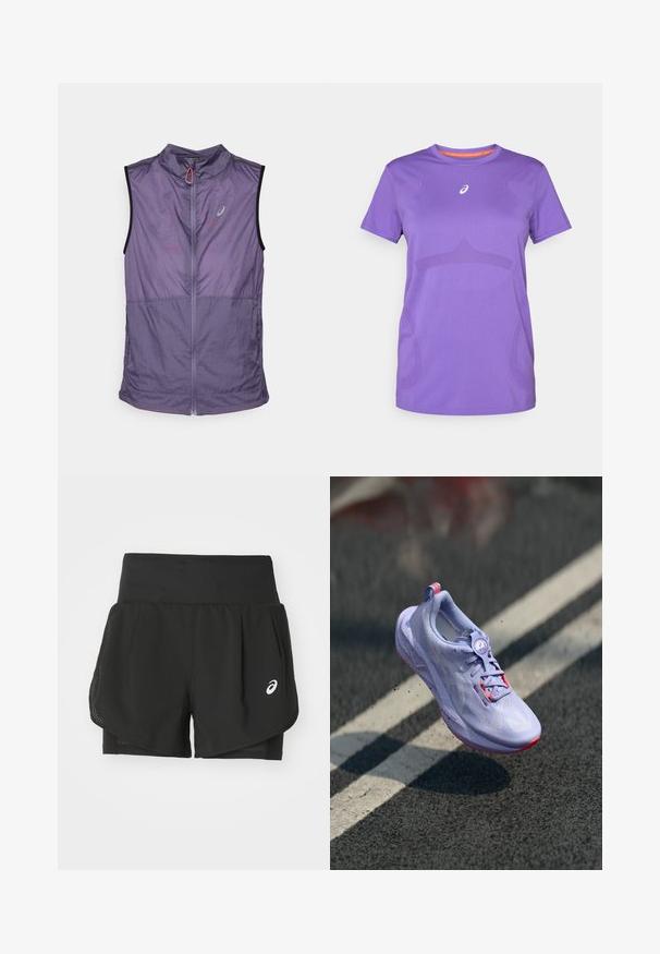 Lättvikts, ärmlös väst i en dämpad lila nyans. Har en hög krage, framzipper och kontrasterande svarta ärmhål. Slät textur.; Lila tränings t-shirt tillverkad av andningsbart tyg. Har rundad halsringning, korta ärmar och ett subtilt tonalt mönster fram.; Svarta sportshorts med ett andningsbart meshöverdrag, innershorts med slät textur och en vit logotyp på vänster sida.; Ljuslila löparsko med en texturerad ovandel, rosa accenter, en rund snörningsmekanism och en fläckig sula, lyft över en asfaltbakgrund.