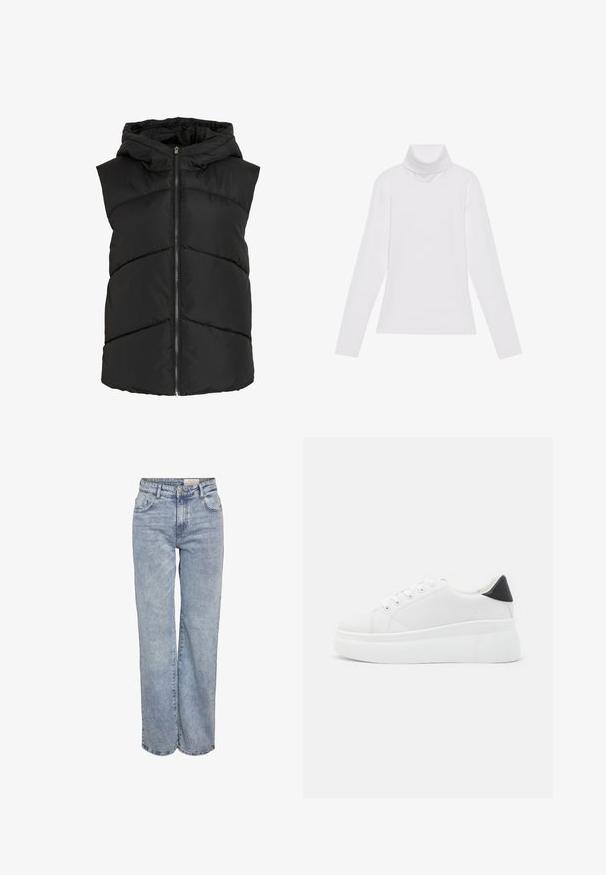 Fekete ujjatlan pufi mellény kapucnival, cikk-cakk varrással és elülső cipzáras záródással. Puha, steppelt textúra. Könnyű kialakítás.; Fehér, hosszú ujjú, garbónyakú felső sima, rugalmas anyagból készült. Magas nyakkal és testhezálló fazonnal rendelkezik, látható minták vagy díszítések nélkül.; Világoskék, bő szárú farmernadrág, magas derékkal, öt zsebes kialakítással és finom kopással, amely megadja a viselt megjelenést.; Fehér platform sportcipők sima szintetikus anyagból, lekerekített orral, fűzős kialakítással és texturált gumitalppal. Fekete sarokdísz.