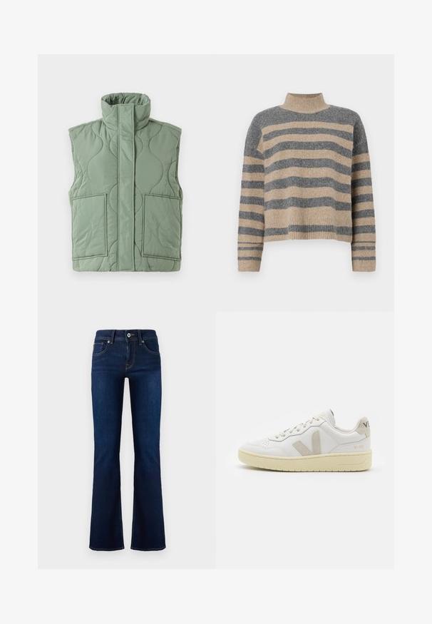 Svetlozeleni podloženi brezrokavnik z visokim ovratnikom, sprednjimi žepi in sprednjim pokrovom, ki pokriva zadrgo.; Prajčast pulover z šivi v sivi in bež barvi, visokim ovratnikom, širokimi manšetami in sproščenim krojem s skrajšano zasnovo.; Temno modre flare kavbojke z zmerno visokim pasom, sprednjimi žepi in kontrastnim šivanjem. Imajo kovinski gumb za zapiranje in zanke za pas.; Bela usnjena tenisača z bež semiš poudarki, perforiranim prednjim delom, ravnimi vezalkami in strukturiranim kremnim podplatom. Ima diskretno blagovno znamko na peti.