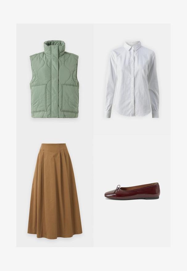 Colete sem mangas, matelassado, verde-claro, com gola alta, bolsos frontais e uma aba na parte da frente a cobrir o fecho.; Camisa branca de botão feita de algodão suave, com colarinho clássico, mangas longas e bainha curva. Os botões são pequenos e brancos.; Saia A-line de algodão castanho com cintura alta, apresentando pregas na parte da frente e uma textura suave. As bordas da bainha são limpas e simples.; Bailarinas em couro sintético borgonha com bico redondo, pequeno laço na frente e sola baixa em borracha preta. Textura suave.