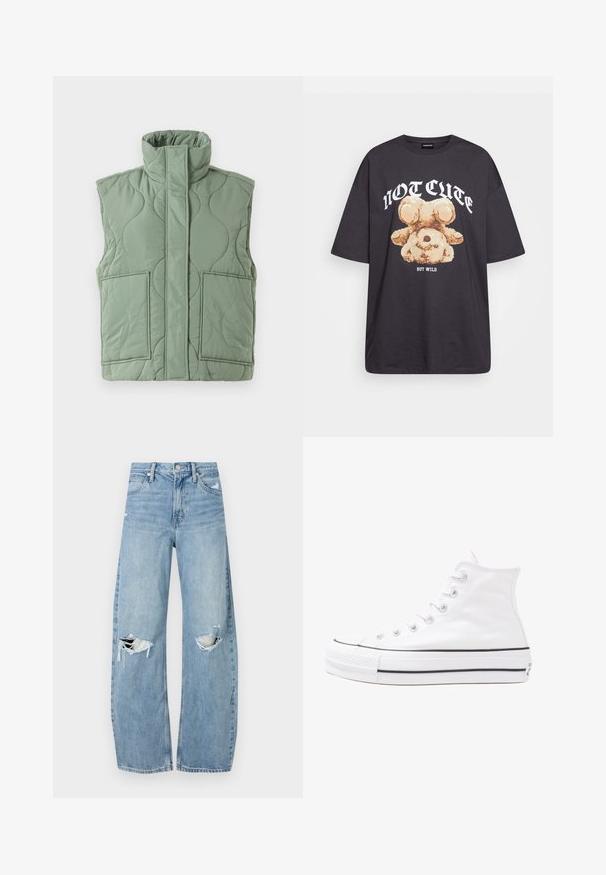 Lys grøn quilted ermeløs vest med høy krage, frontlommer og en frontklaff som dekker glidelåsen.; Svart oversized t-skjorte med en grafikk av en bjørn og teksten "IKKE SØT, MEN VILL" i fet, hvit skrift. Laget av bomull.; Lyseblå høytlivsjeans laget av denim. Har vide bein, to revne knær og klassisk fem-lommers design.; Hvit høy-skinn kanvas sneakers med svart gummisåle, gummitåhette foran og seks hull for snorer, med et rent, minimalistisk design.