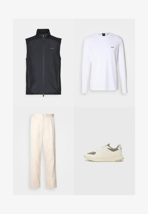 Črna brezrokavnik s teksturiranim finišom, sprednjim zadrgo in stranskimi žepe. Ima kontrastne temne ramenske panele in logotip "BOSS".; Bela dolgih rokavov T-shirt iz bombaža, s krožnim ovratnikom in majhnim črnim logotipom "BOSS" na levem prsnem delu.; Bež cottone hlače s ravnim krojem, ki imajo gumbasto zapiranje in nabore spredaj za dodatne detajle.; Beli in svetlo bež športni copat, s mrežastim zgornjim delom, perforiranimi detajli in teksturirano srednjim delom z blagovno znamko na peti.