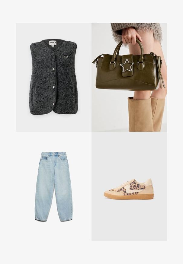 Gilet sans manches en polaire sherpa gris foncé avec des boutons-pression à l'avant, des poches latérales et un petit logo brodé sur la poitrine.; T-shirt gris en coton avec un col rond classique, des manches courtes et une texture lisse, idéal pour un usage décontracté.; Jeans en denim bleu clair avec une coupe décontractée, taille haute, et jambes larges, présentant une texture légèrement décolorée et un design classique à cinq poches.; Baskets en imprimé léopard avec tige en suède beige, semelle en caoutchouc tan et accents blancs. Bout rond et design à lacets avec une finition texturée.; Sac à main en simili cuir vert olive avec accent étoilé argenté, deux poignées et fermeture éclair. Surface texturée et forme structurée.