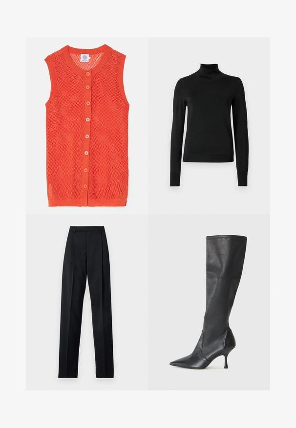 Orange, ärmlös stickad väst med nätdesign, med rund halsringning och sex kontrasterande knappar framtill.; Svart långärmad polotröja med ribbade muddar och nederkant, visad mot en enkel vit bakgrund.; Svarta byxor i mjukt tyg med hög midja, vida ben, framfickor och klassiska bältesöglor. Inga sidofickor synliga.; Knähöga svarta läderstövlar med spetsig tå och smal stilettklack. Slät textur med en åtsittande design och sömnad vid övre kanten.