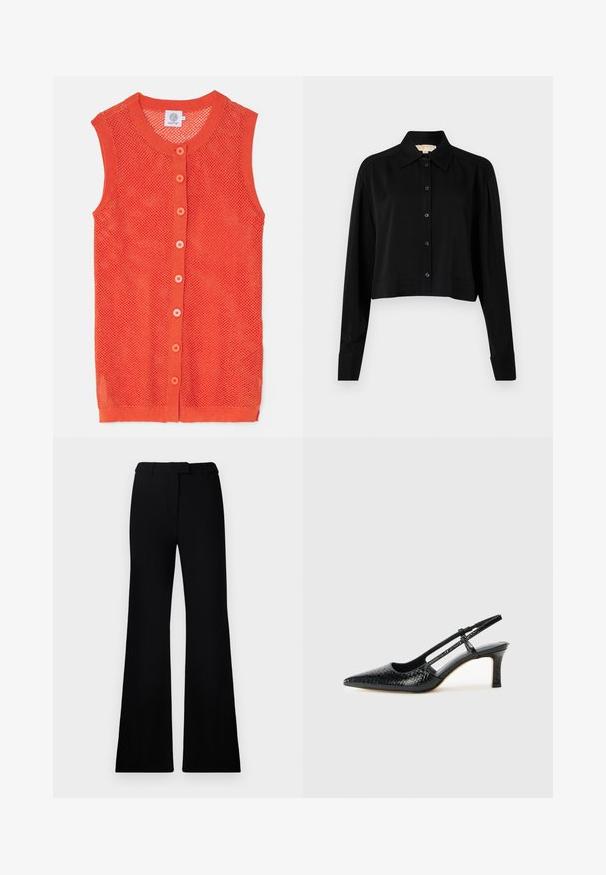 Gilet senza maniche di maglia arancione con un design a rete, caratterizzato da un colletto rotondo e sei bottoni a contrasto davanti.; Camicia nera cropped con maniche lunghe, colletto a punta e chiusura con bottoni. Realizzata in tessuto morbido, con vestibilità rilassata e maniche a polsino.; Pantaloni neri svasati con una texture liscia, vita sagomata e tasche frontali, progettati con un profilo elegante e moderno.; Slingback con tacco in vernice nera con punta affusolata, caratterizzato da una stampa a serpente testurizzata, cinturino regolabile e un tacco corto e testurizzato.